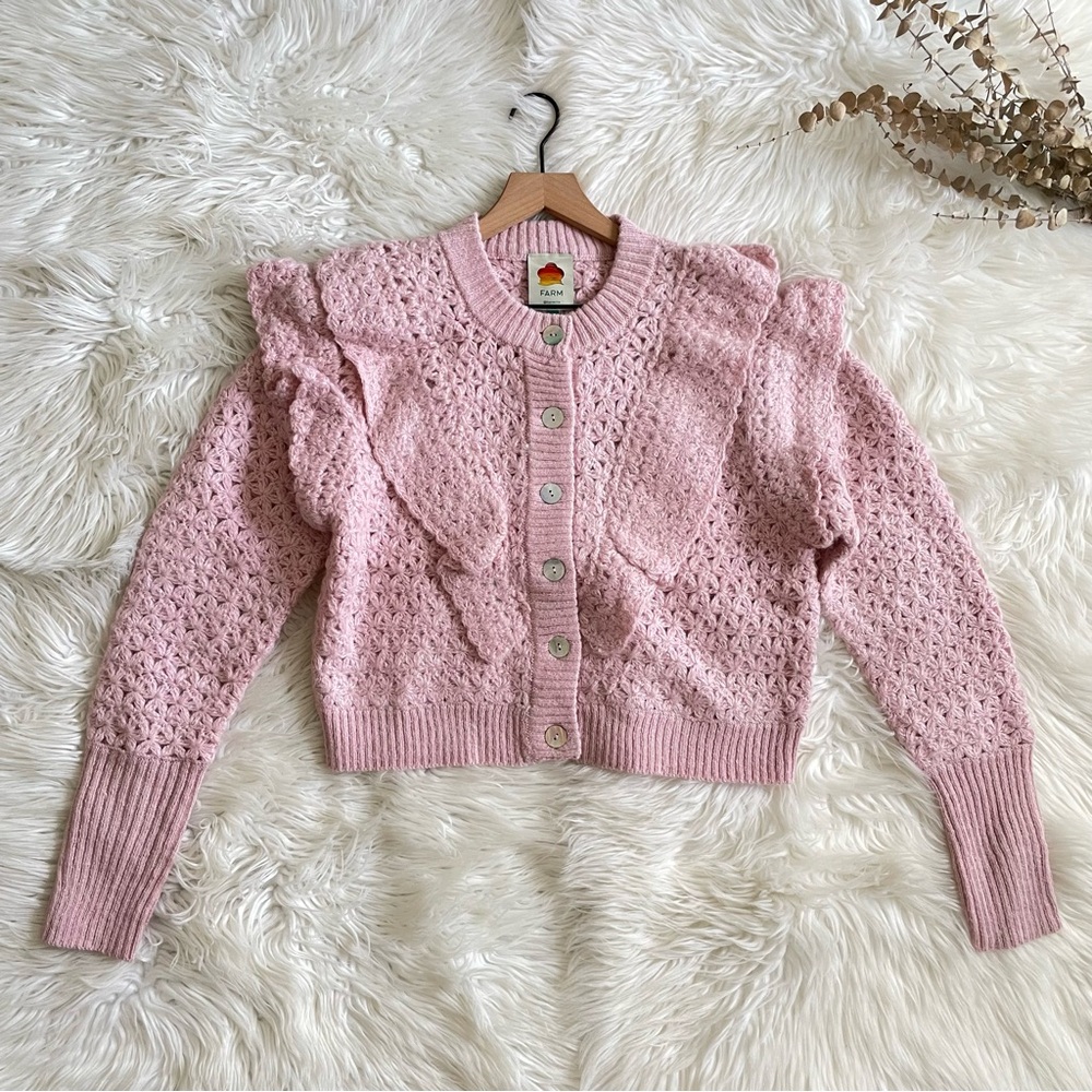 Farm Rio Pink Flower Texture Crochet Knit Ruffle Cardigan Sweater NWT Small - Picture 9 of 16